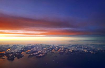 Aerial view of sea against sky during sunset