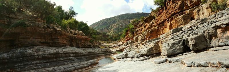 Low angle view of mountain against cloudy sky