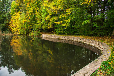 Arch bridge over lake by trees during autumn