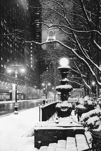 View of snow covered city at night