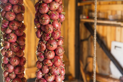 Long bunches of red onions are suspended from the ceiling of the vegetable store. agricultural. 