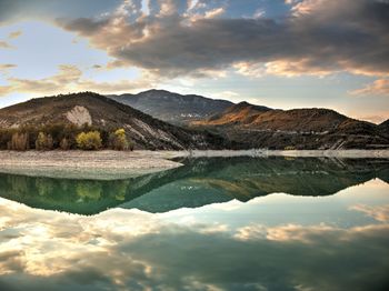 Scenic view of lake and mountains against sky