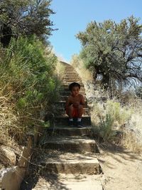 Boy standing on tree against clear sky