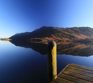 Scenic view of lake by mountains against clear blue sky