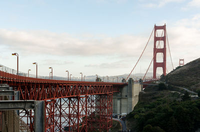 View of suspension bridge against cloudy sky