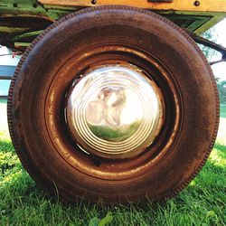 Close-up of tire on field