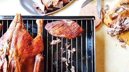 Close-up of meat on barbecue grill