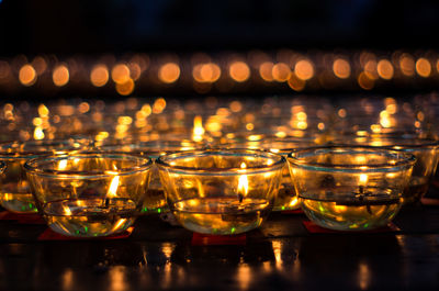Close-up of lit candles in temple