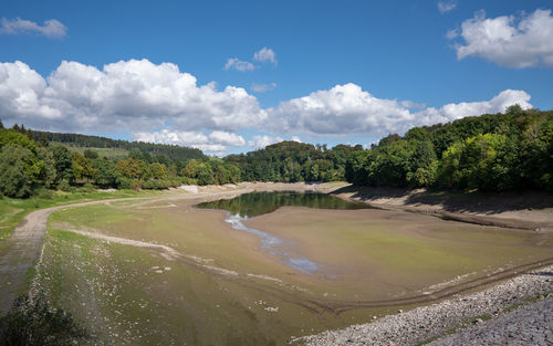 Low water in drinking water reservoir henne lake, north rhine westphalia, sauerland, germany