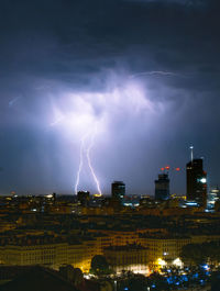 Illuminated cityscape against sky at night