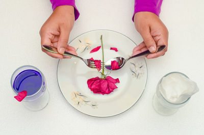 Cropped image of hands with pink rose in plate amidst containers on table