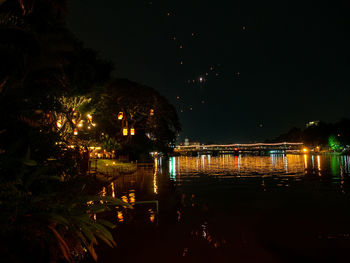 Illuminated trees by lake against sky at night