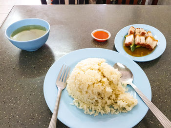 High angle view of food served on table