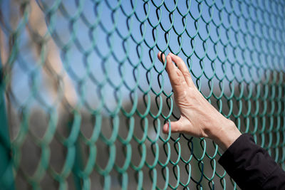 Close-up of human hand on chainlink fence