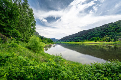 Scenic view of lake by mountains against sky
