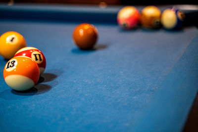 Close-up of pool balls on table