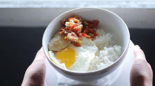 Cropped hands holding bowl with food