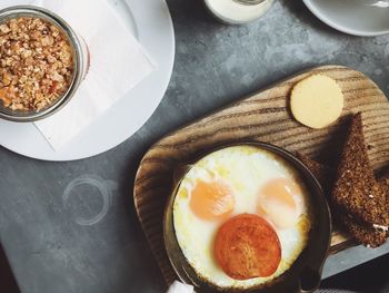 High angle view of breakfast served on table