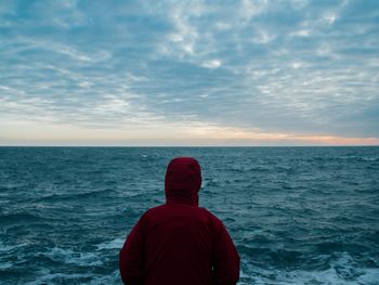 Rear view of man looking at sea against sky