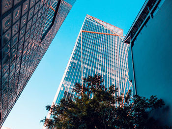 Low angle view of modern building against clear blue sky