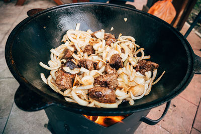 High angle view of meat in cooking pan