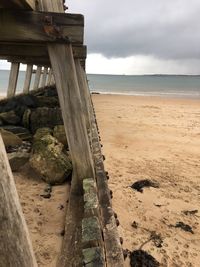 Close-up of driftwood on beach against sky