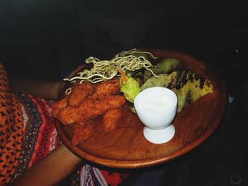 High angle view of food in plate on table