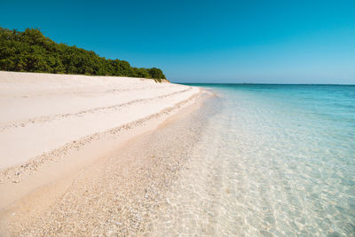 Scenic view of sea against clear blue sky