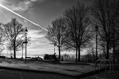 Empty road by bare trees against sky