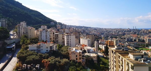 High angle view of buildings in city against sky in lebanon