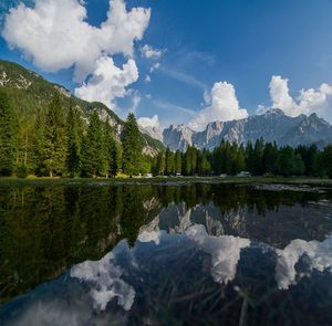 Reflection of mountains on lake water