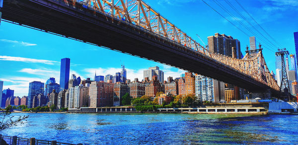 Bridge over river by buildings against sky in city