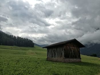 Abandoned house on field against sky