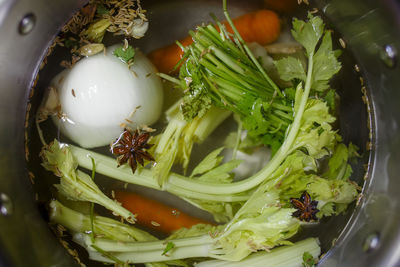 High angle view of chopped vegetables in bowl