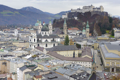 High angle view to historical skyline of city salzburg in austria