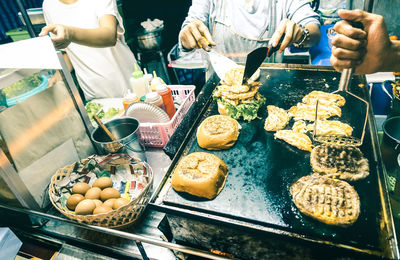 High angle view of people preparing food