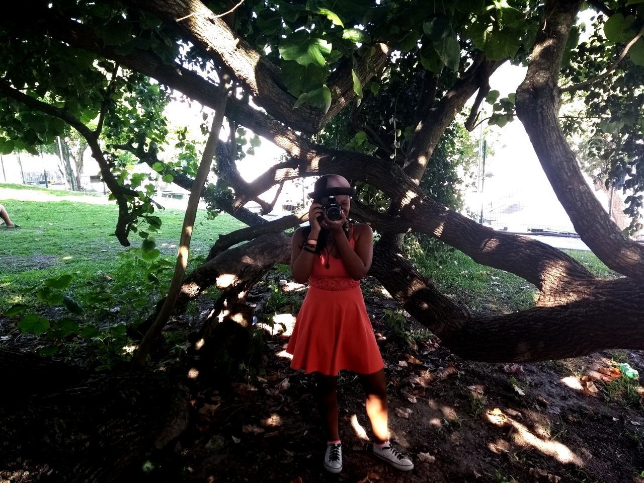 WOMAN STANDING ON TREE TRUNK AMIDST PLANTS