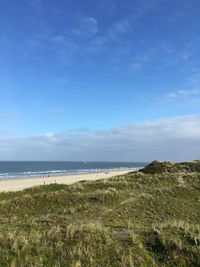 Scenic view of beach against blue sky