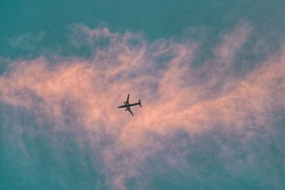 Low angle view of silhouette airplane against sky during sunset