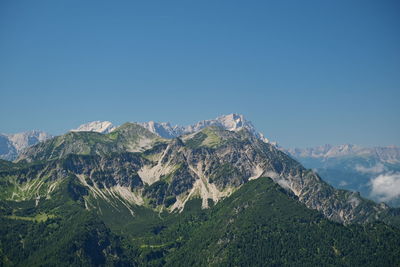 Scenic view of snowcapped mountains against clear blue sky