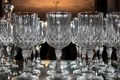 Close-up of crystal wineglasses on table