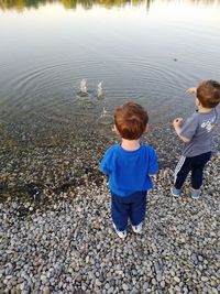 High angle view of boys throwing stones in lake