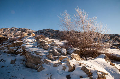 Scenic view of snowcapped mountains against clear sky