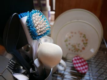 High angle view of eggs in plate on table