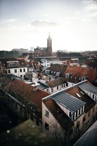 High angle view of houses against sky