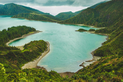 High angle view of bay against sky