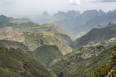 High angle view of valley against sky