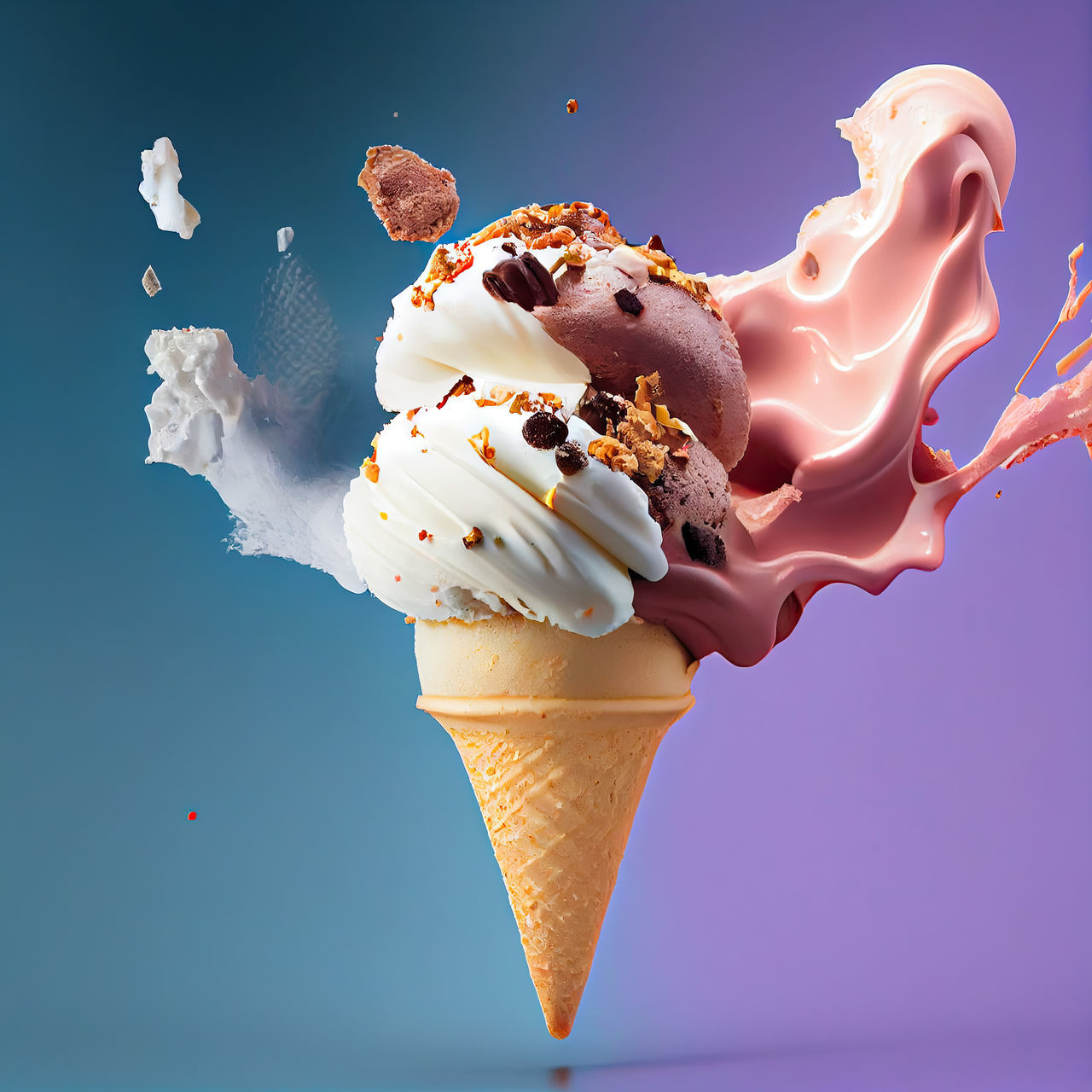 ice cream cone, ice cream, food, dairy, sweet food, sweet, food and drink, frozen food, dessert, frozen, sundae, gelato, blue, cone, no people, studio shot, colored background, nature, unhealthy eating
