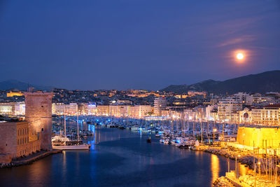 Marseille old port and fort saint-jean in night. marseille, france