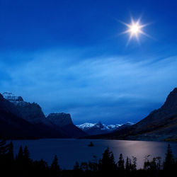 Scenic view of lake and mountains against blue sky